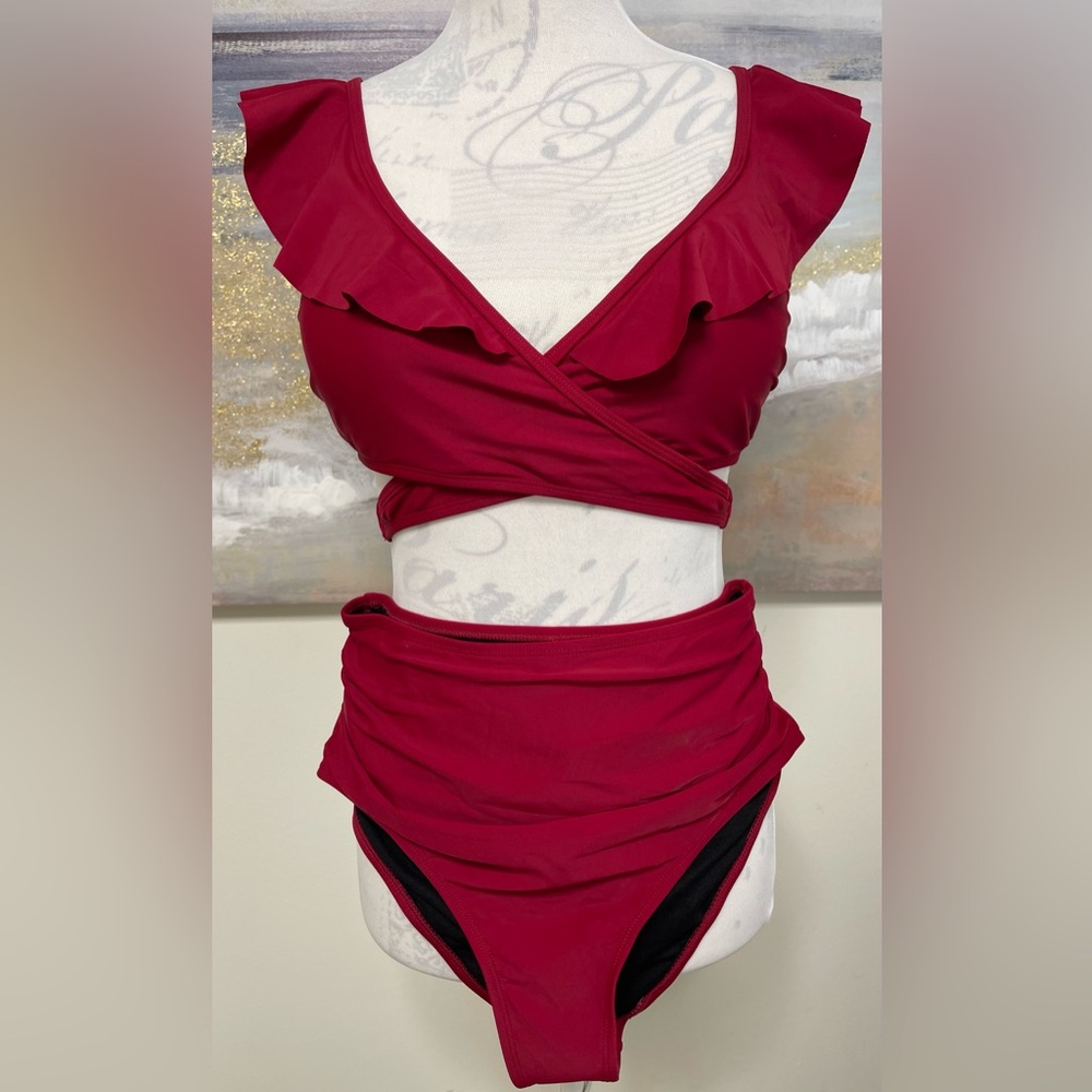 Al'MAGE Women High Waisted 2 piece Bikini, Tummy Control, Dark Red Size M - Picture 6 of 14